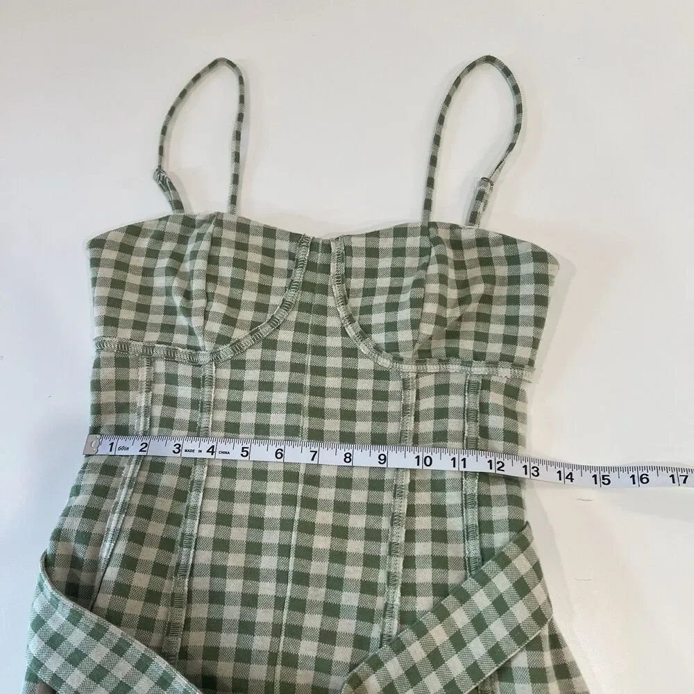 Free People Hold Me Tights Gingham Wide Leg Jumpsuit Green Linen Blend Size XS